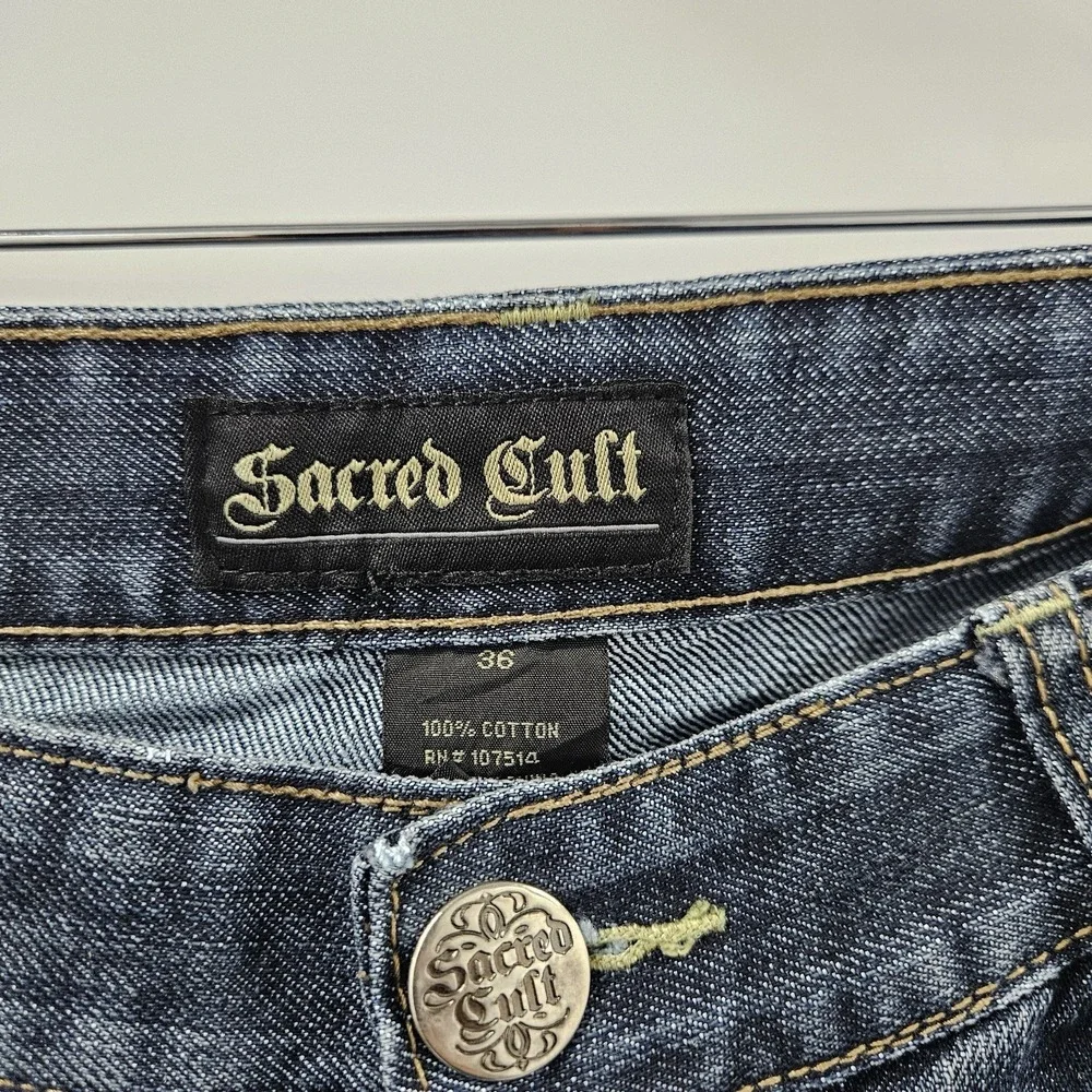 Sacred Cult Jeans Mens 36x34 Dark Wash Straight Flap Pocket Y2K Distressed